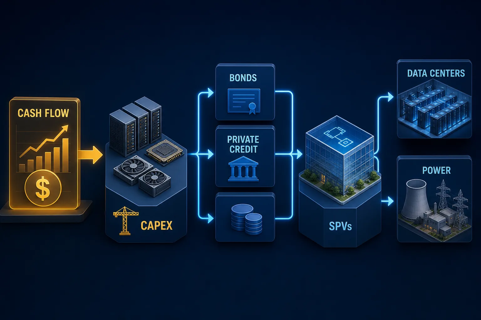 Diagram showing cash flow, bonds, private credit and special-purpose vehicles financing AI data centers and power