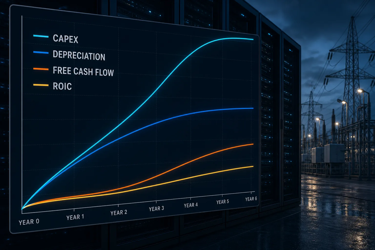 Dashboard comparing AI capital spending and depreciation with free cash flow and return on invested capital