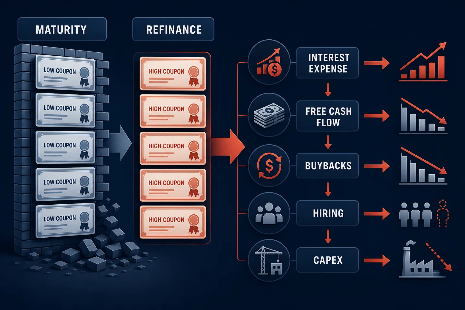 Diagram showing low-coupon corporate debt refinancing into higher interest expense and pressure on cash flow, buybacks, hiring and capital spending