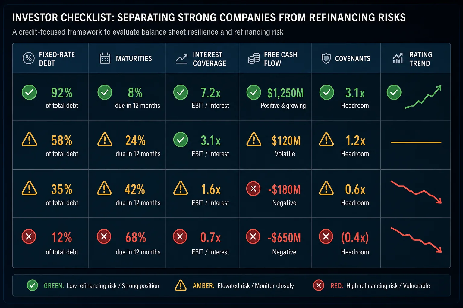 Investor credit checklist comparing fixed-rate debt, maturities, interest coverage, free cash flow, covenants and rating trends