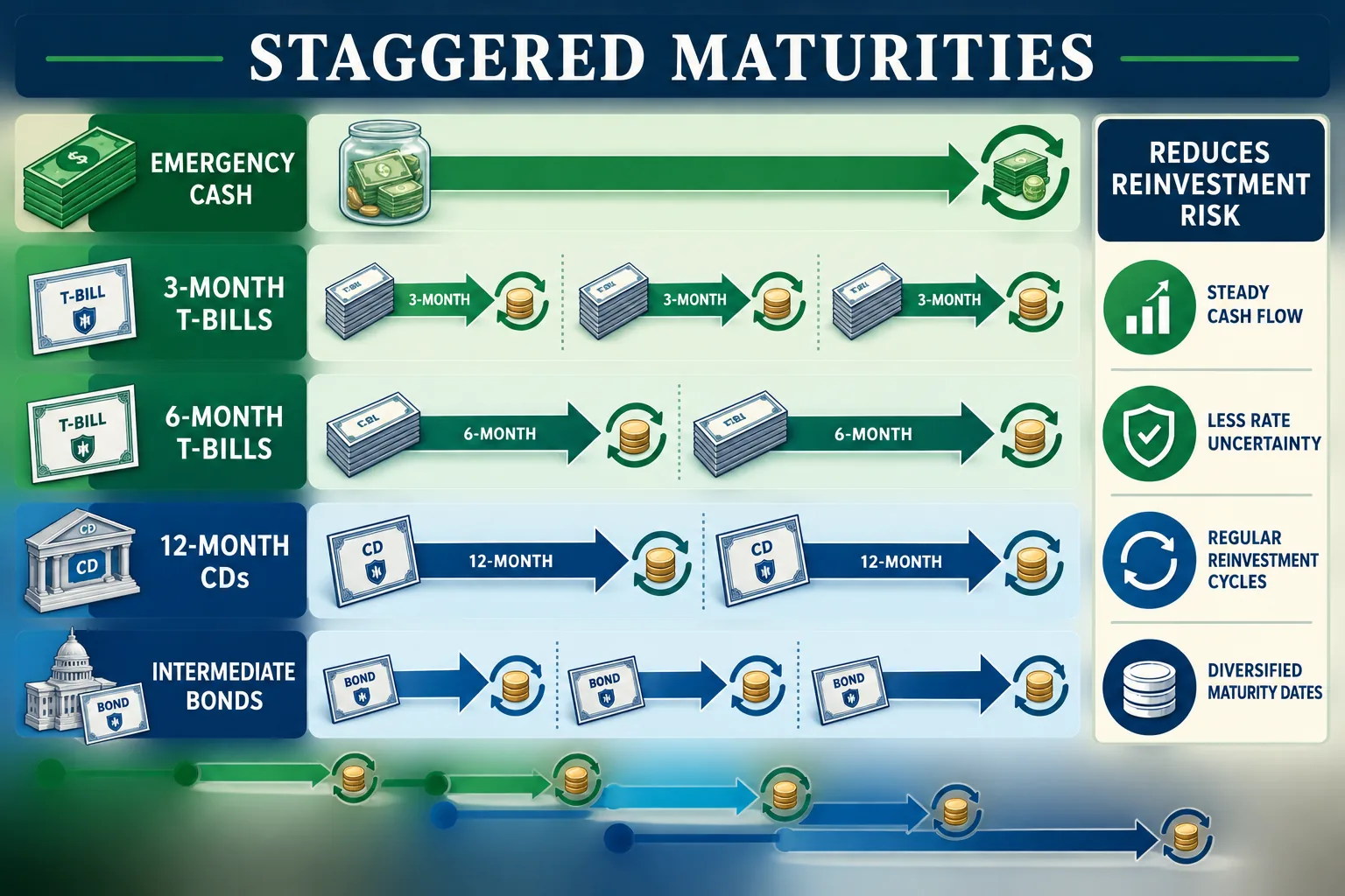 Staggered maturity ladder using emergency cash, Treasury bills, CDs and intermediate bonds without specific calendar dates