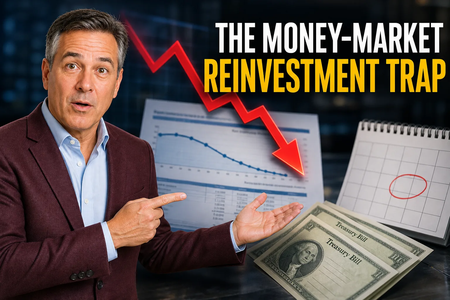 Daniel presenting the money-market reinvestment trap as short-term interest rates fall