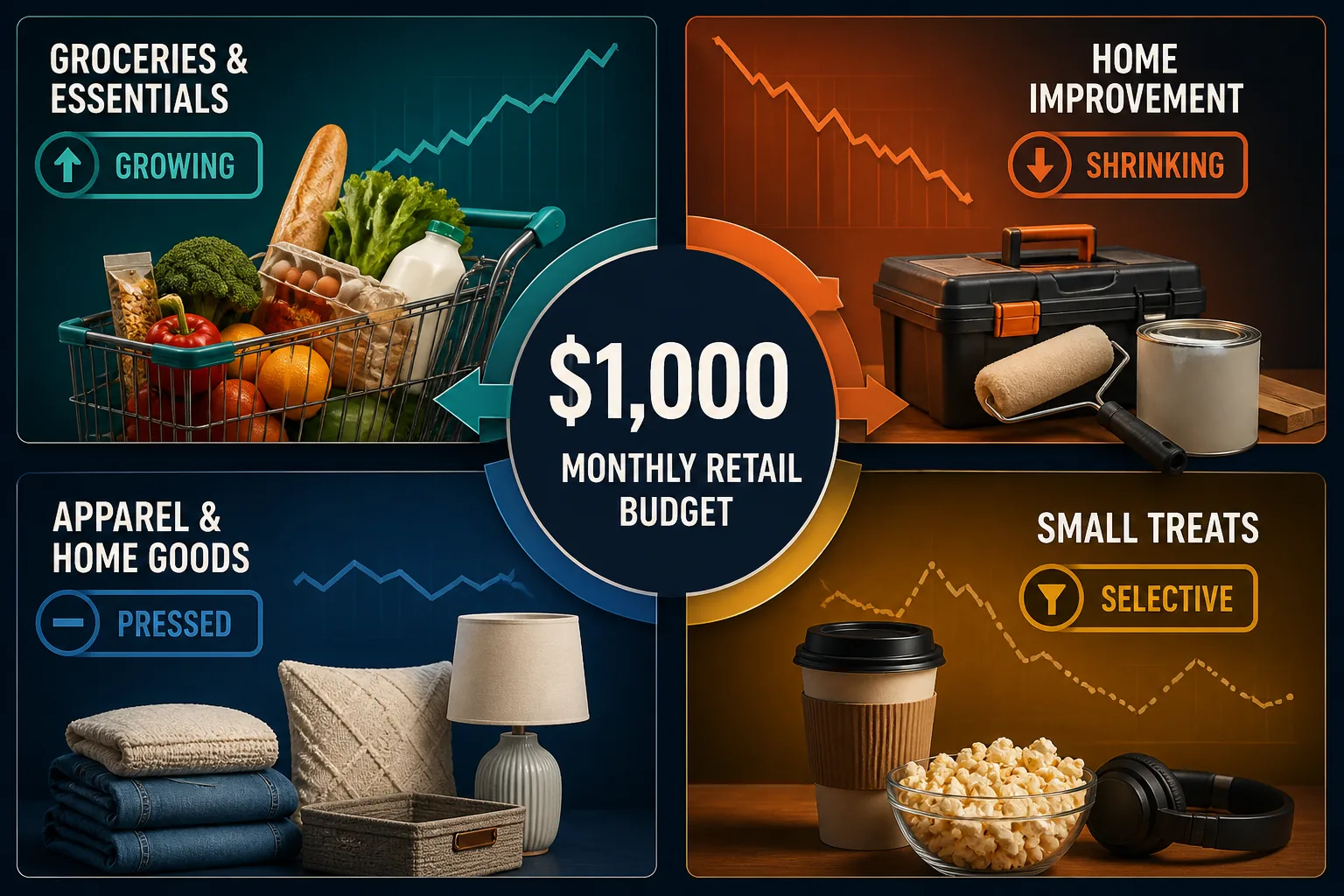 Infographic showing a 1,000 dollar household retail budget shifting toward groceries and away from home improvement and discretionary goods