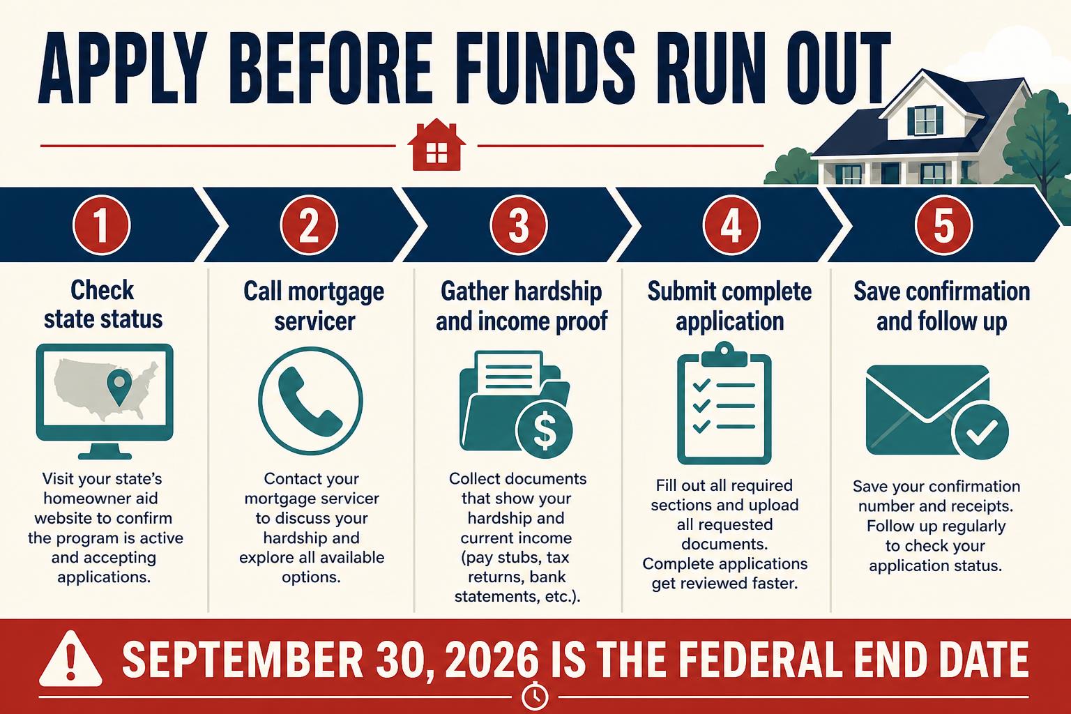 Five steps to check state HAF status, call the servicer, gather proof, submit and follow up before September 30 2026