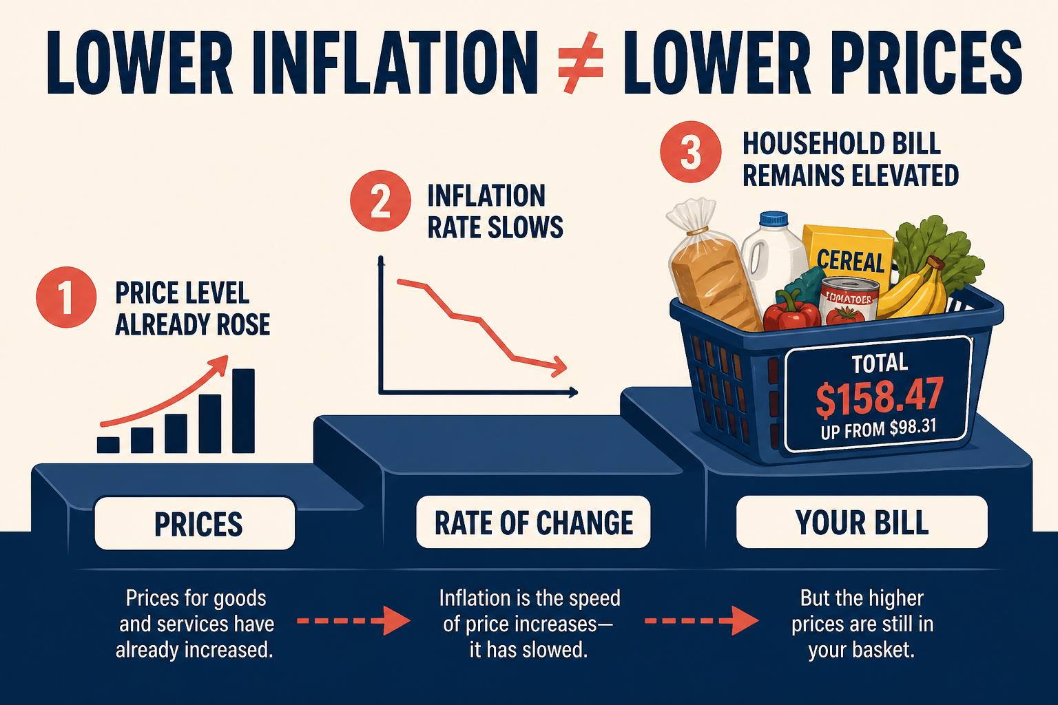 Diagram explaining that a slower inflation rate leaves the household price level elevated