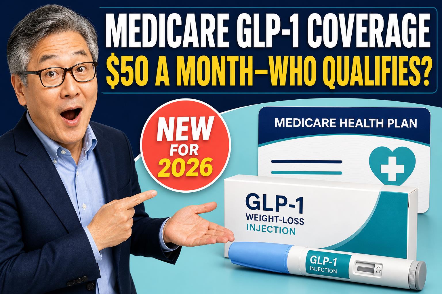 Older male health guide presenting Medicare GLP-1 Bridge coverage with a $50 monthly copay