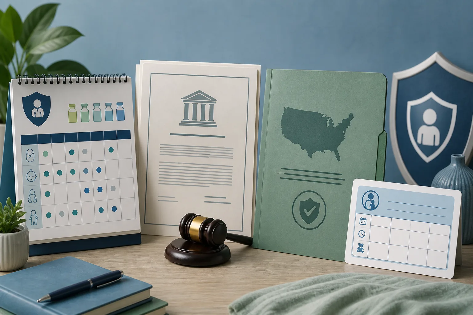 Official immunization schedule, court notice, state requirement, and pediatric appointment calendar compared side by side