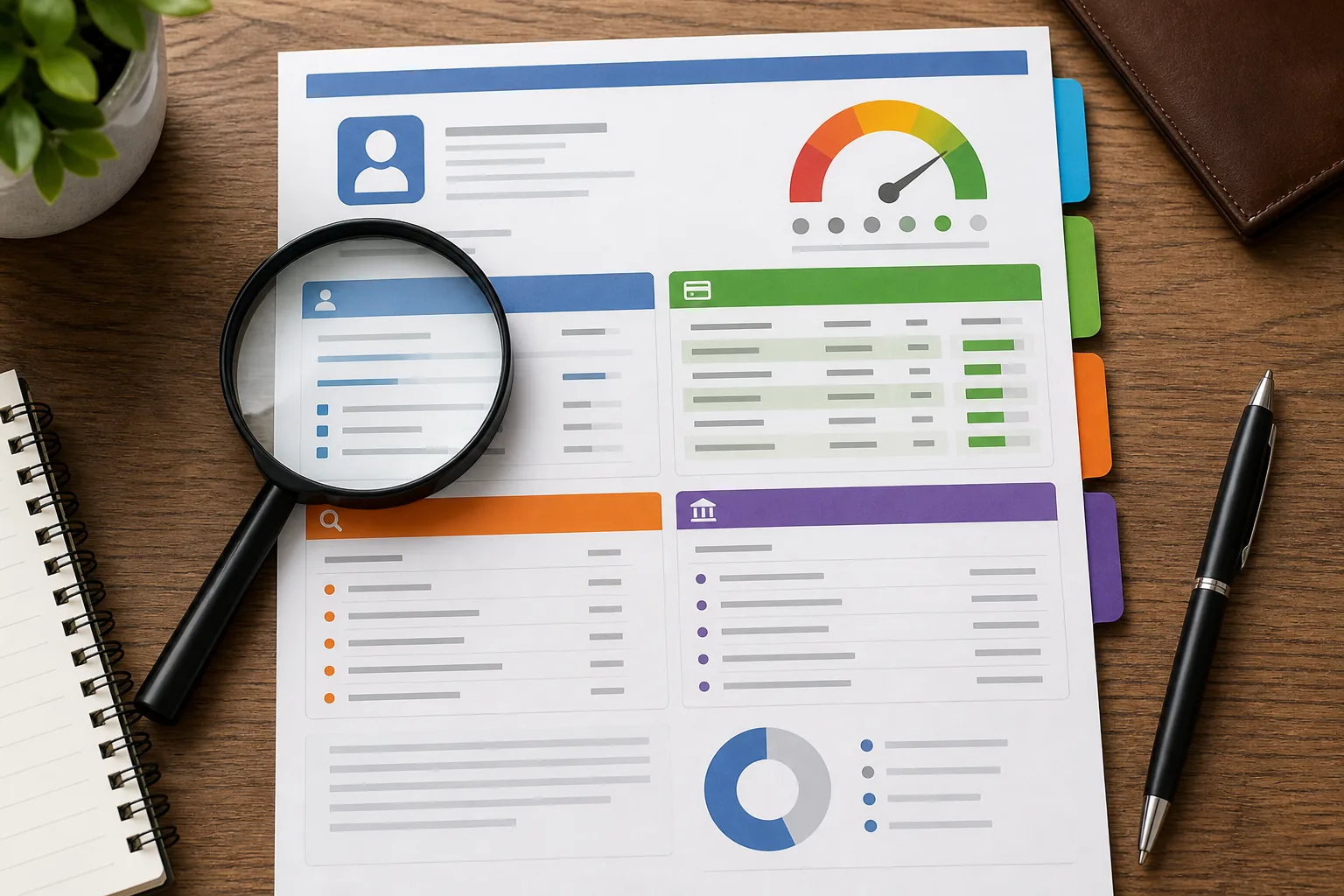 Credit report sections reviewed with a magnifying glass and score gauge