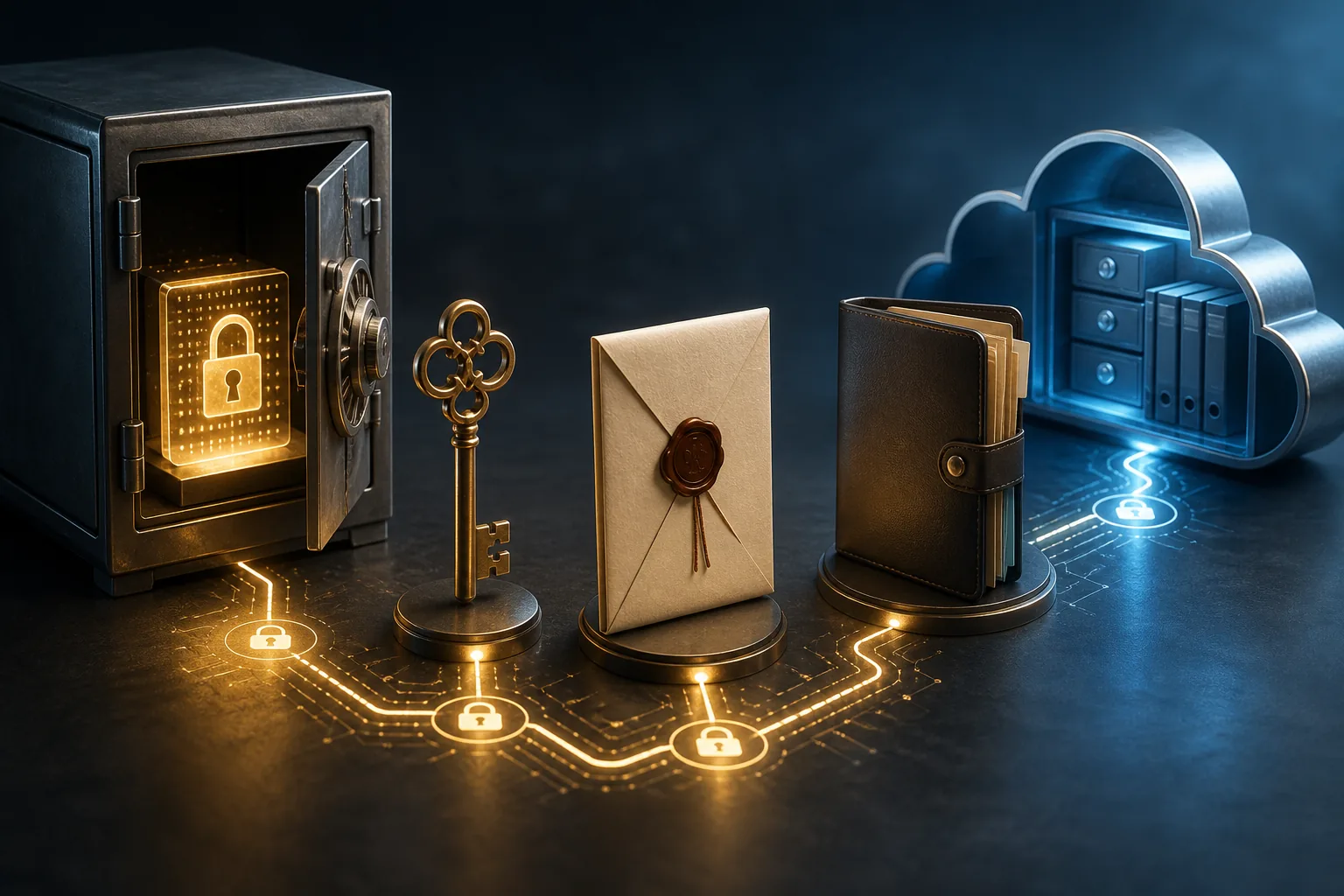 Secure digital estate plan with vault, recovery key, sealed instructions, and cloud archive