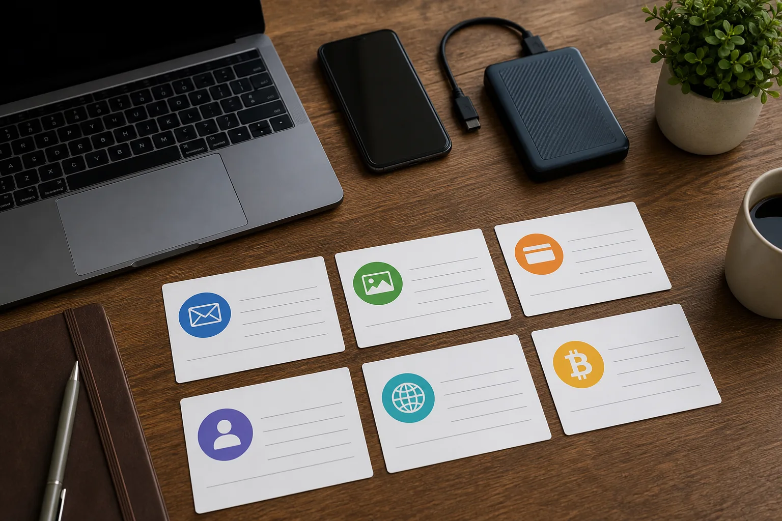 Organized digital account inventory cards beside a laptop and backup drive