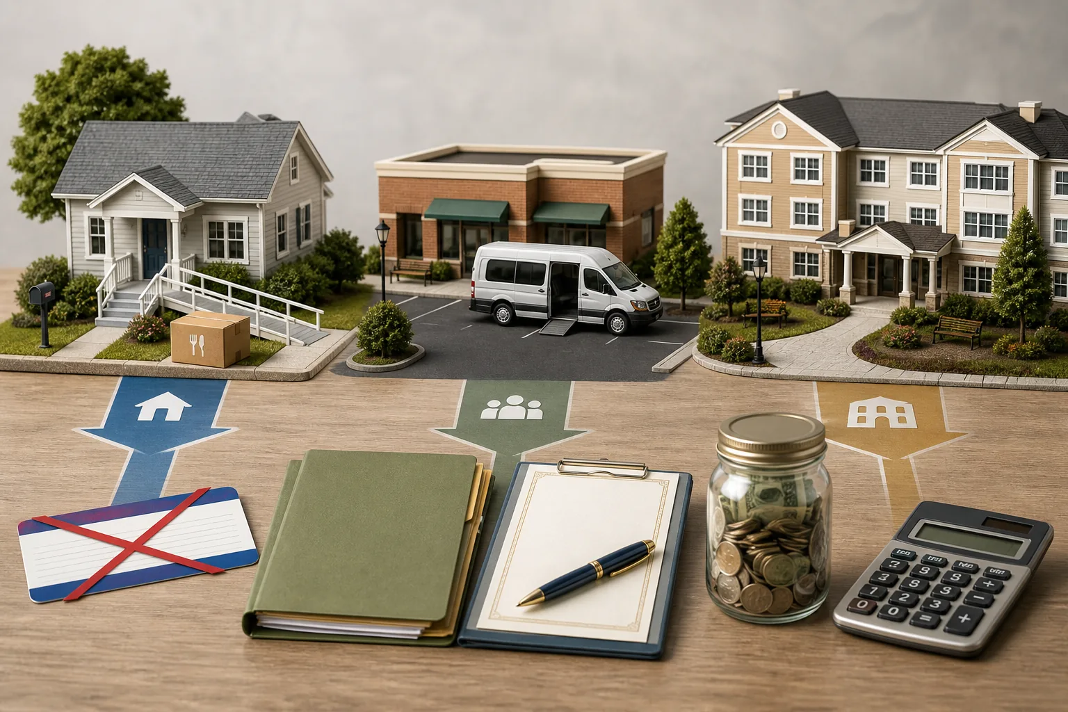 Miniature home, community care center, and assisted living residence compared with insurance, savings, and calculator planning items