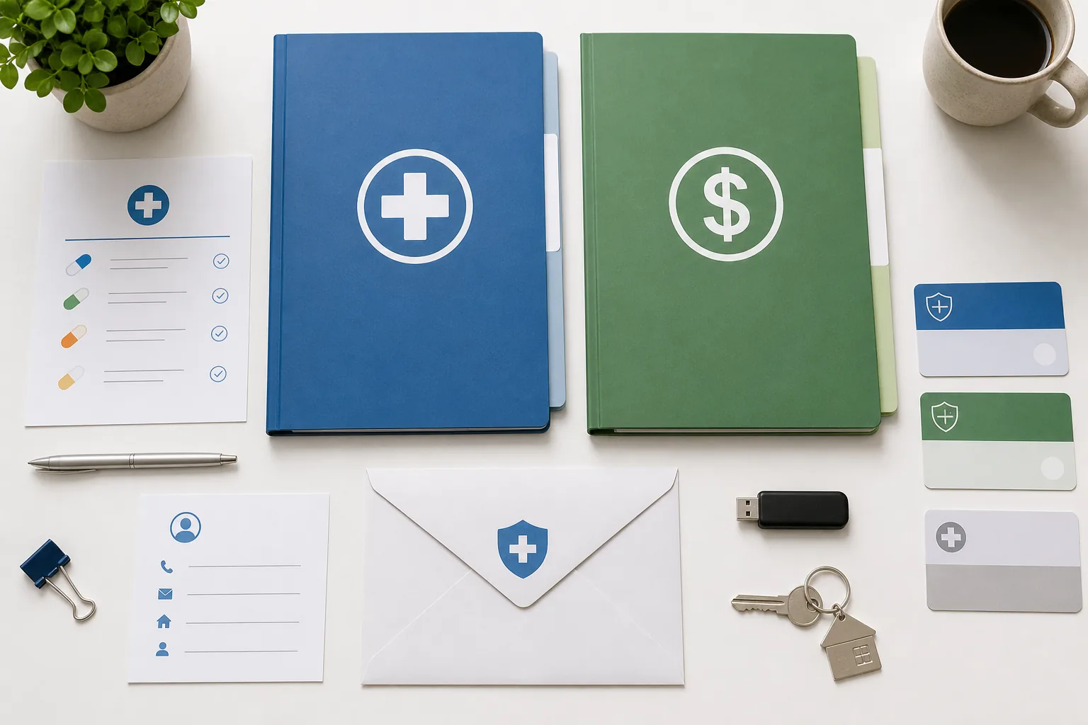 Separate blue medical and green financial folders beside medication, insurance, contact, key, and emergency records