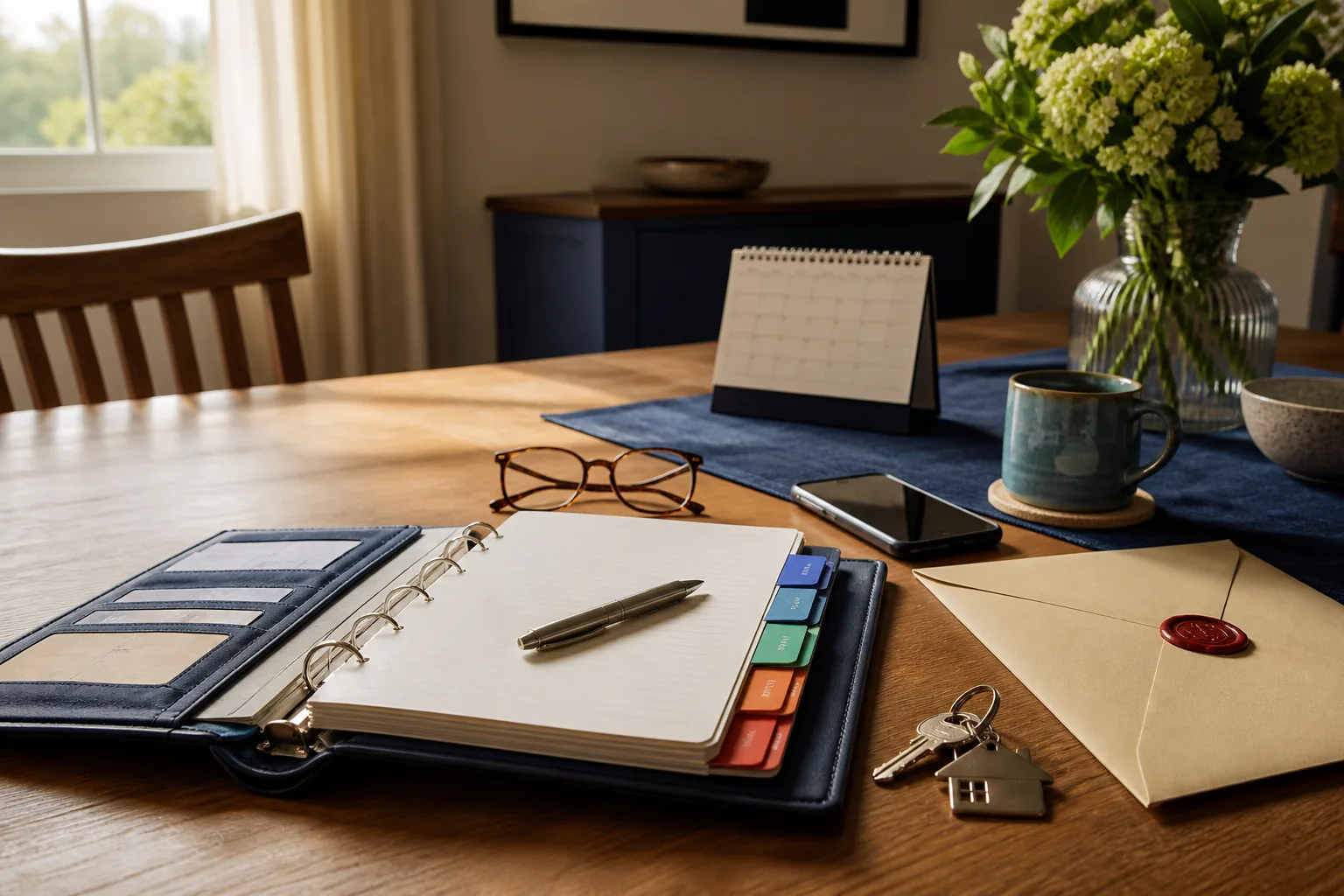 An organized family caregiving planning binder, calendar, keys, phone, and emergency envelope arranged before a crisis