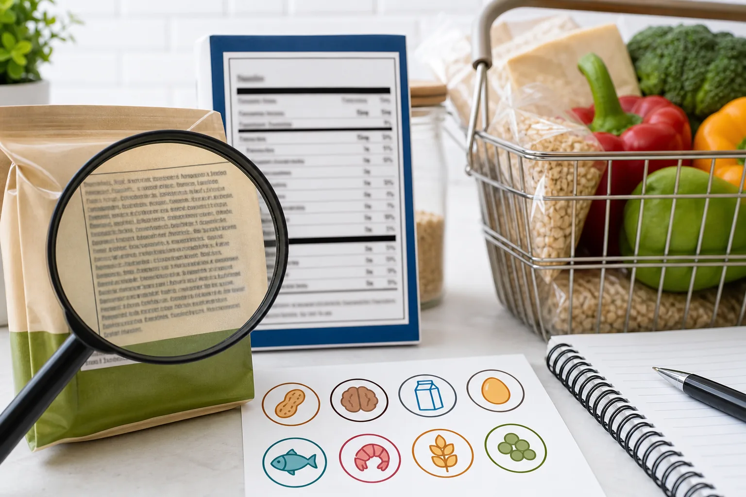 Grocery ingredient label examined with magnifying glass beside allergen and nutrition information
