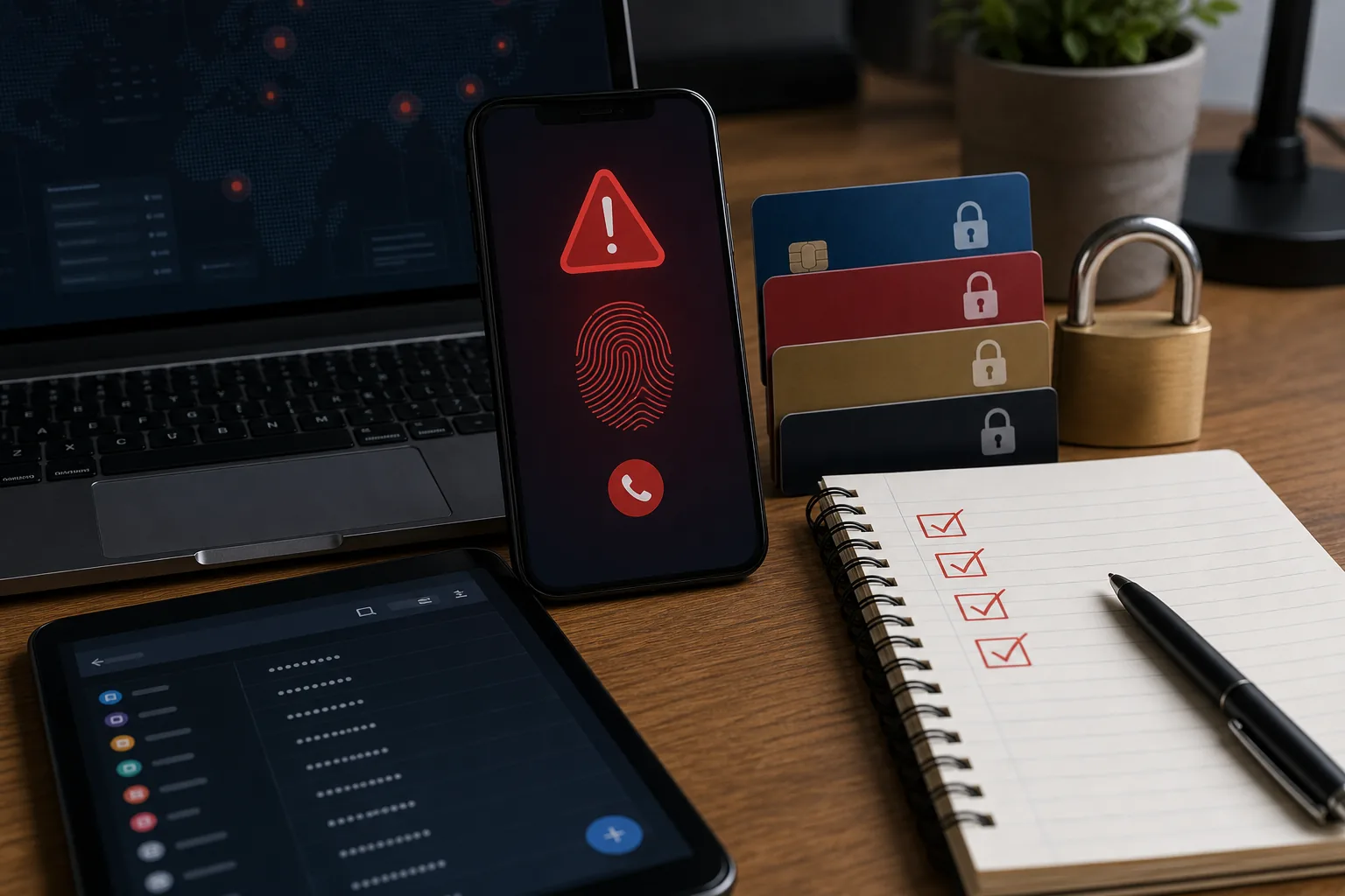 Identity theft response tools with locked cards and account security checklist