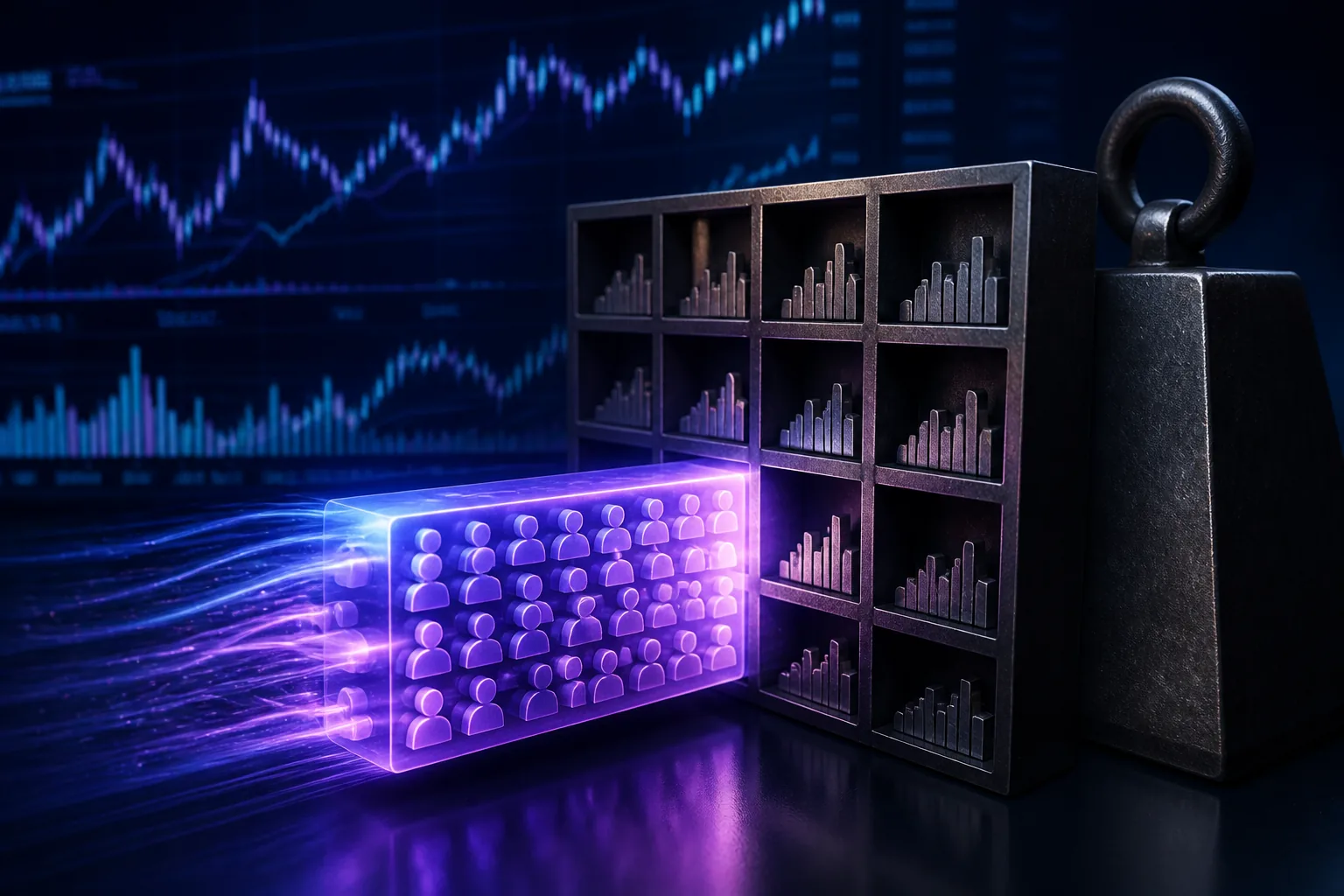 Index rebalance concept showing one company block entering a weighted market portfolio