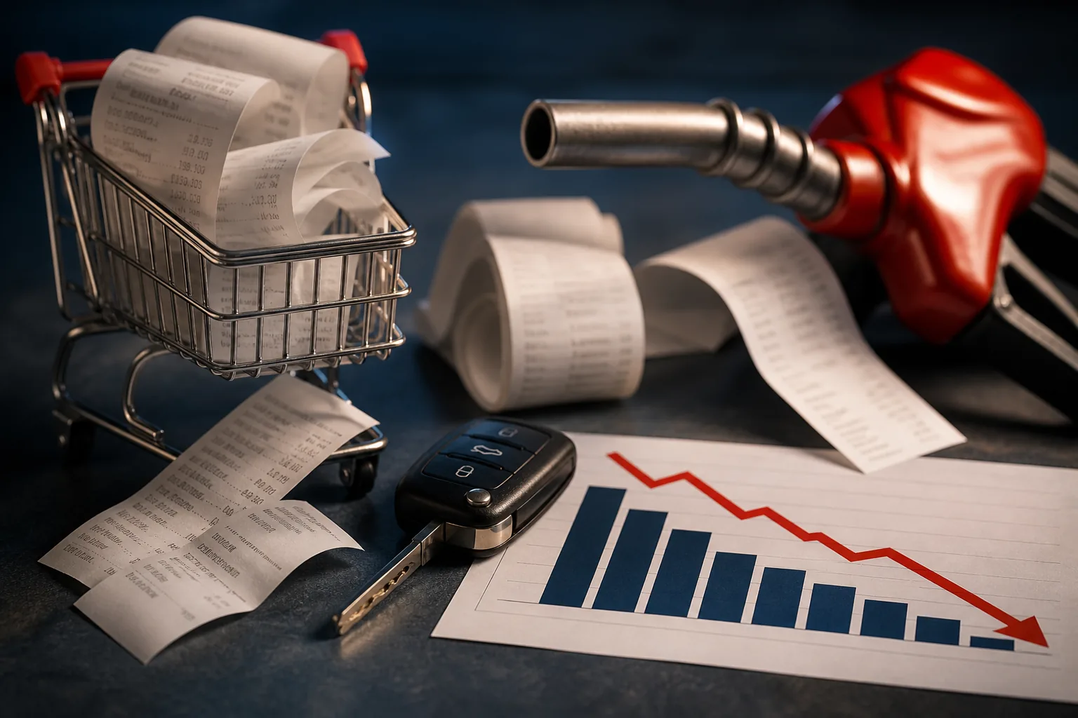 Retail checkout receipts, shopping cart, fuel costs, and falling sales chart illustrating July consumer pullback