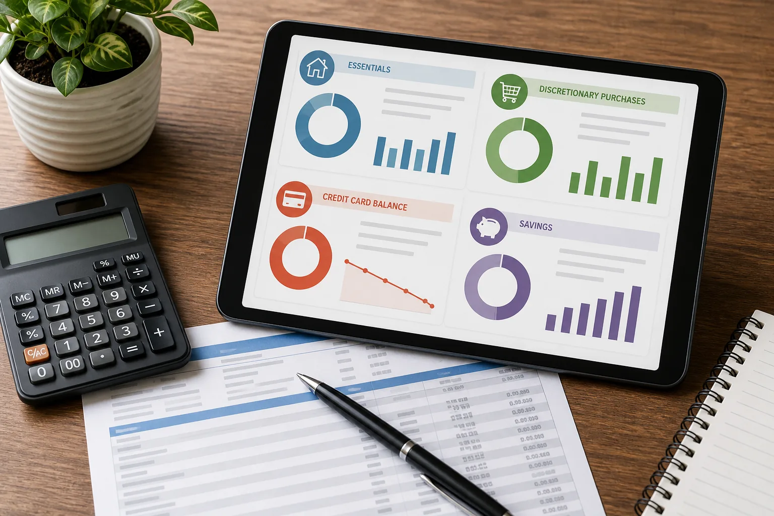Household spending dashboard comparing essential purchases, discretionary spending, credit, and savings