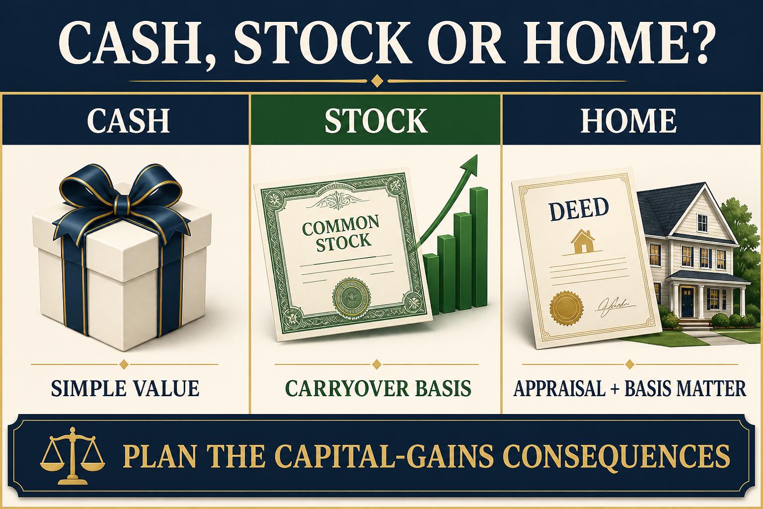Comparison of cash, appreciated stock with carryover basis, and a home requiring appraisal and tax-basis planning