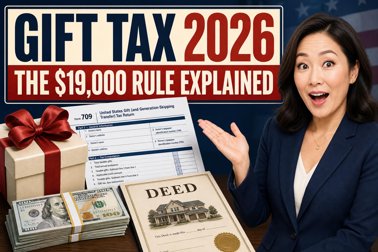 Financial guide Maya presenting the 2026 U.S. gift tax $19,000 annual exclusion rule beside cash, a gift box, Form 709 and a home deed