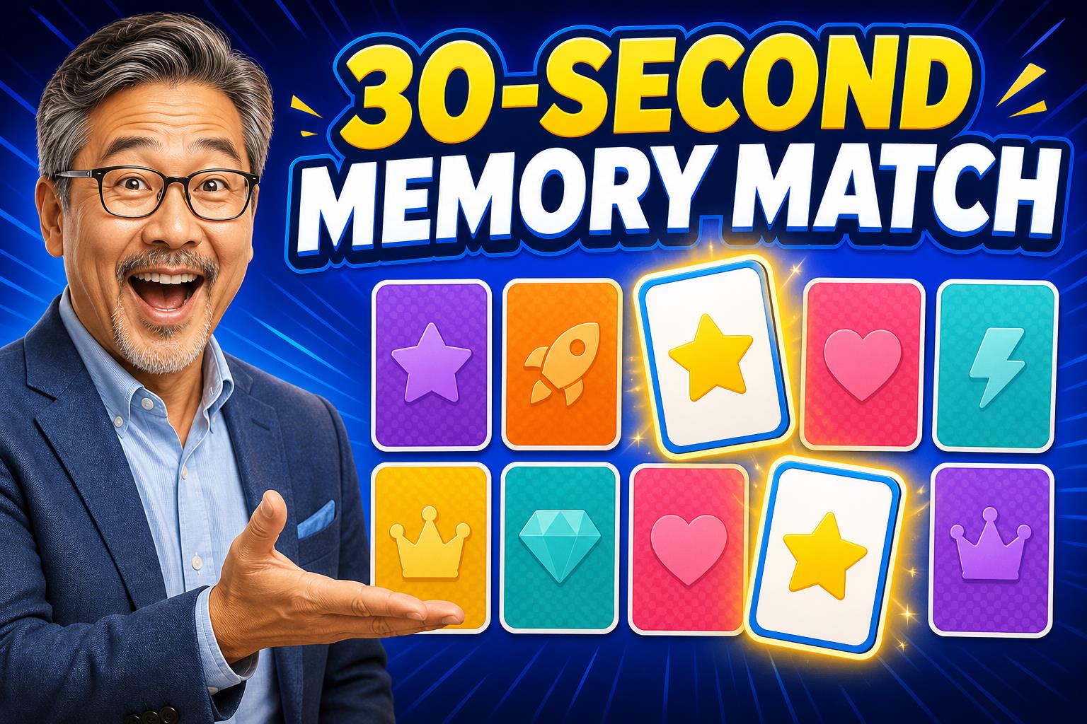 Excited older male host presenting the colorful 30-Second Memory Match card game