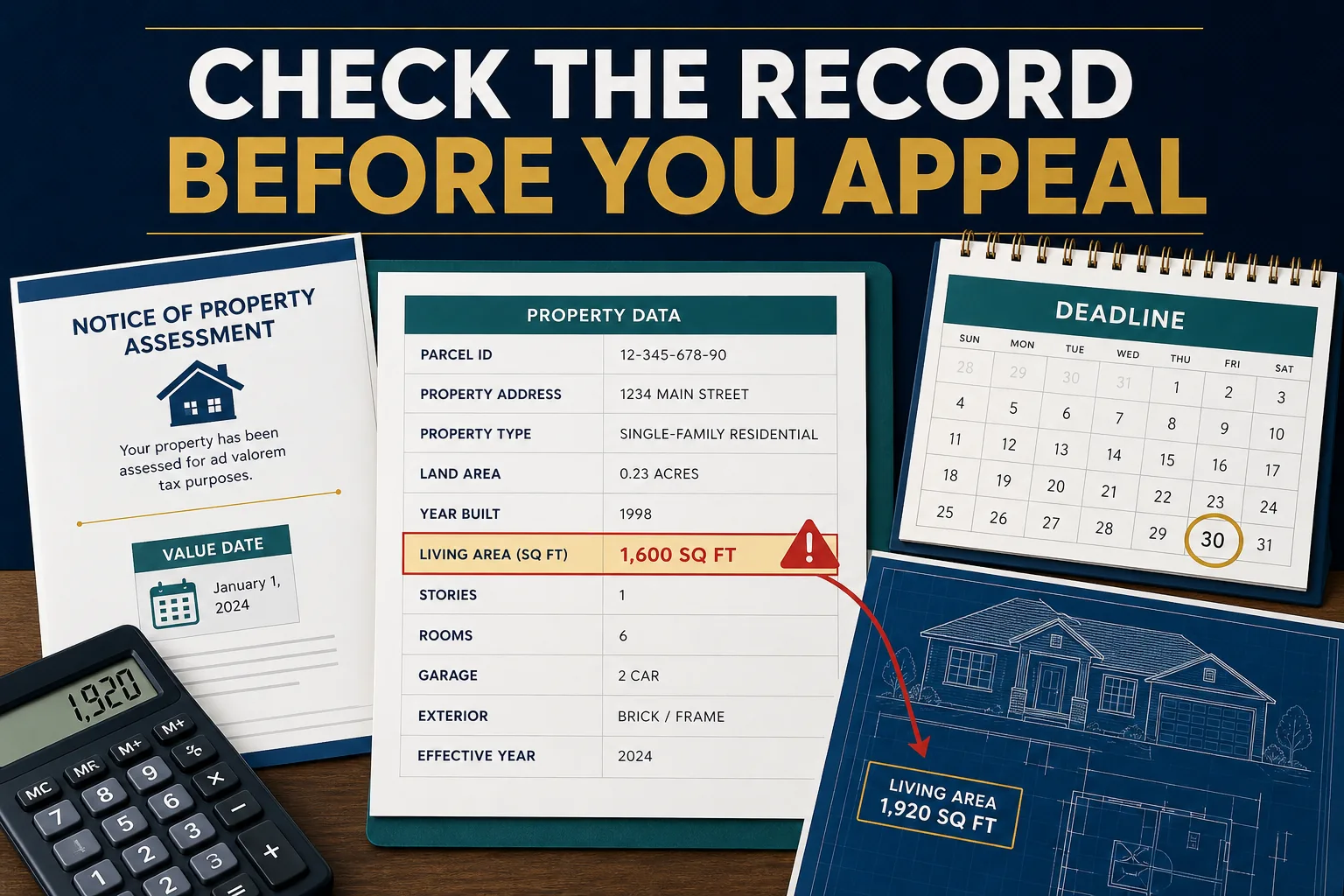 Property assessment audit showing the valuation date, filing deadline and an incorrect property record