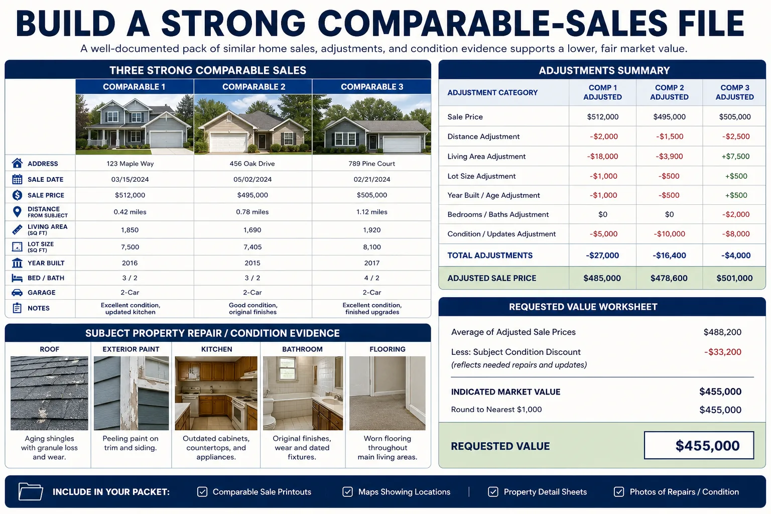 Comparable-sales evidence packet comparing similar homes and calculating a supported requested value