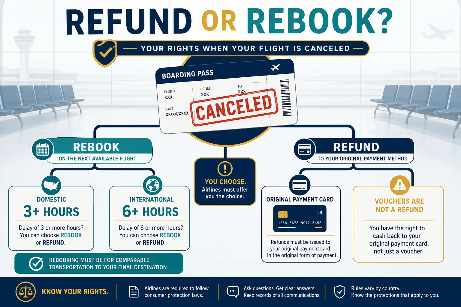 Decision chart comparing a flight refund with rebooking after a cancellation or significant schedule change