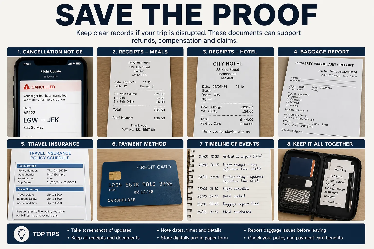 Travel disruption evidence checklist with cancellation notices, receipts, baggage report and payment records