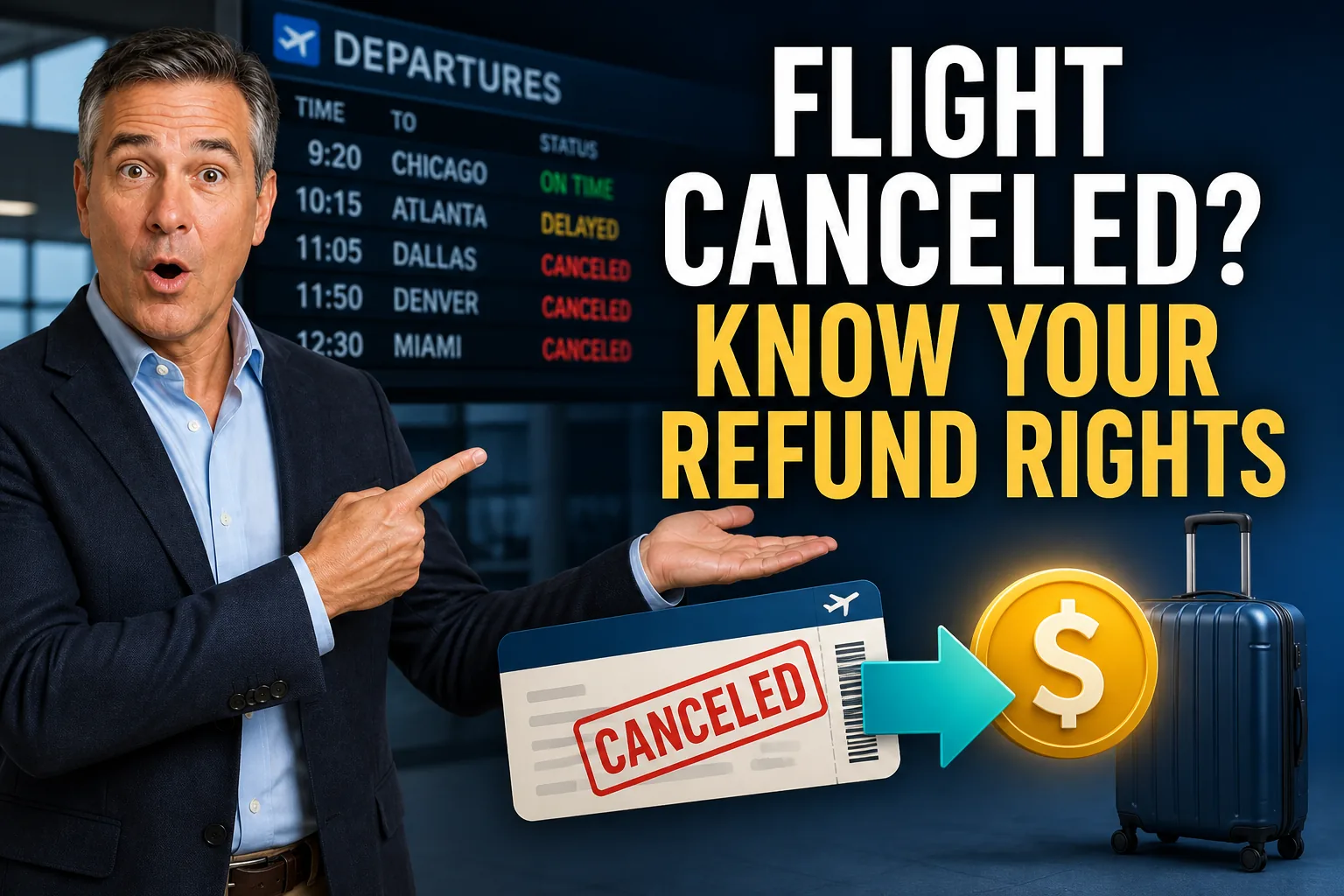Daniel explains flight-cancellation refund rights beside a canceled departure board and refund symbol