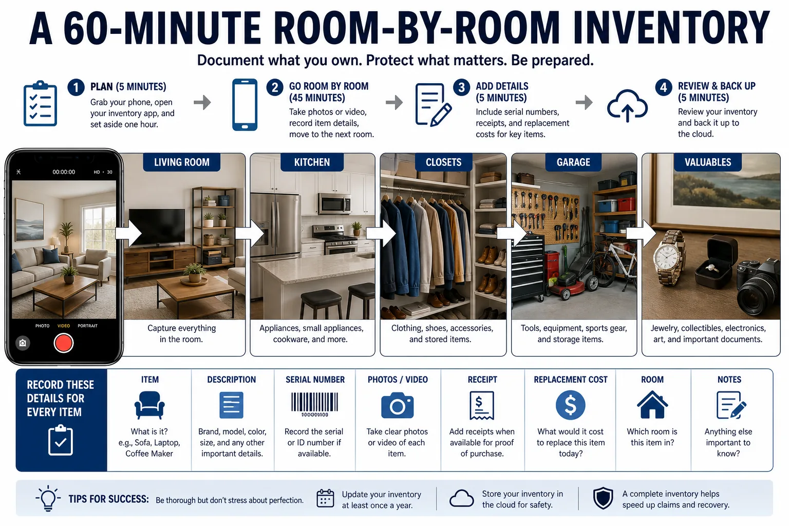 Room-by-room home inventory process for photographing belongings and recording serial numbers and replacement costs