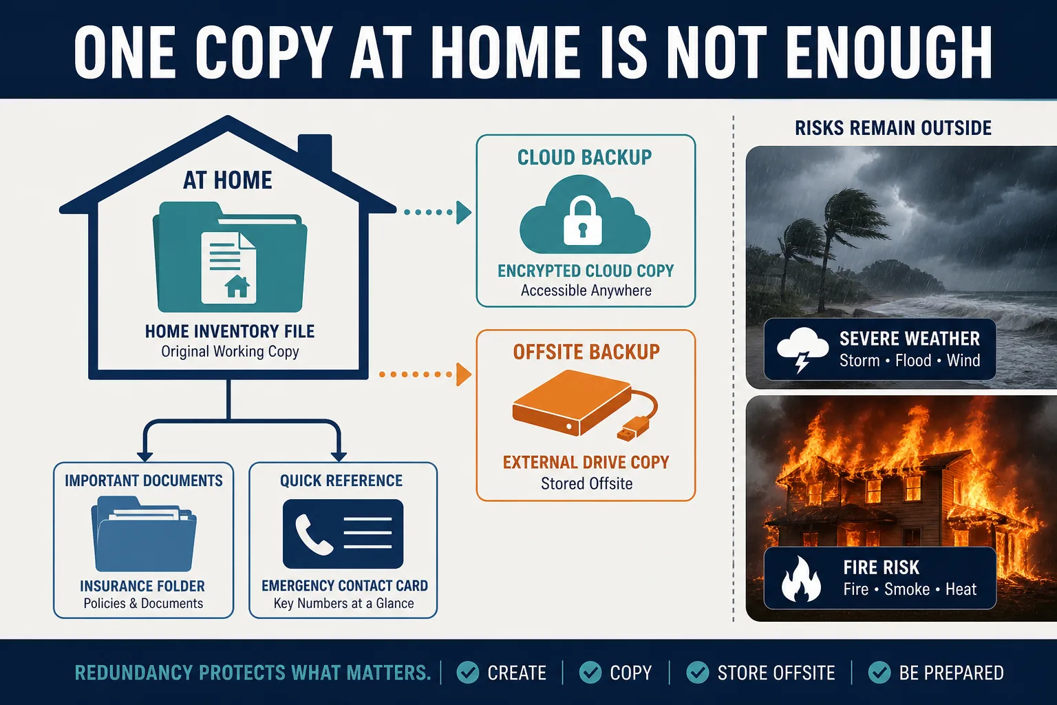Home inventory backup diagram showing encrypted cloud and offsite copies protected from fire and severe weather