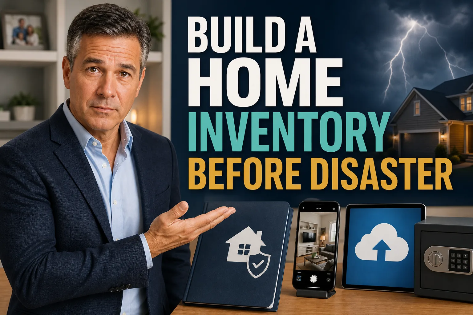 Daniel presents a home inventory guide with a phone camera, insurance folder and secure backup before a storm