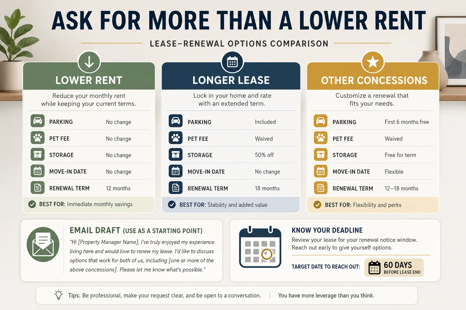 Lease renewal options comparing lower rent, longer term, parking, pet fees, storage and other concessions