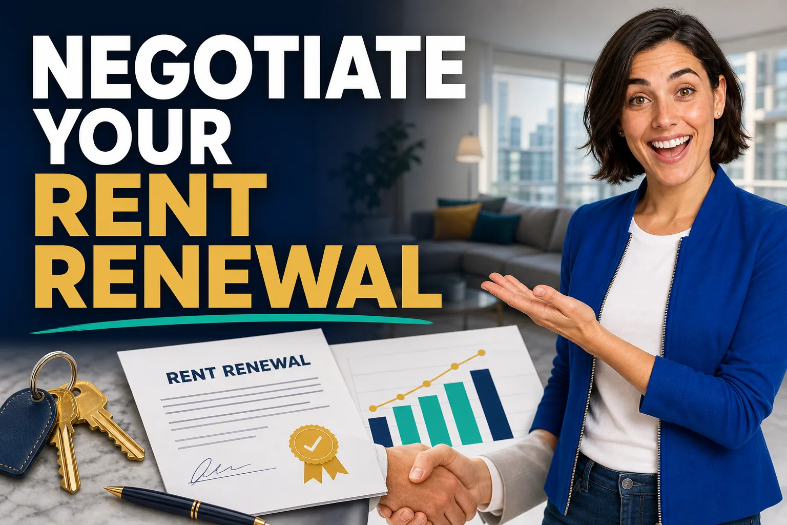 Maya presents a rent-renewal negotiation guide with apartment keys, a lease and market comparison chart