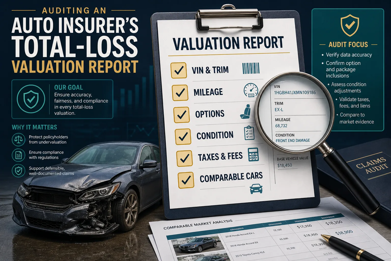 Checklist auditing VIN trim mileage options condition taxes and fees in a total-loss valuation report