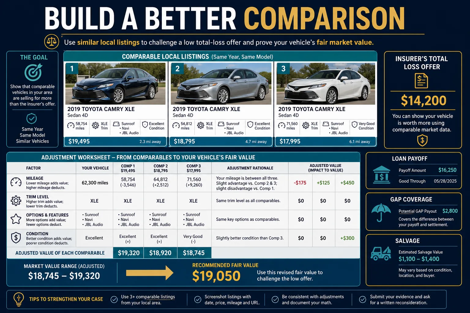 Comparable vehicle worksheet adjusting mileage trim options and condition to support a fair total-loss value