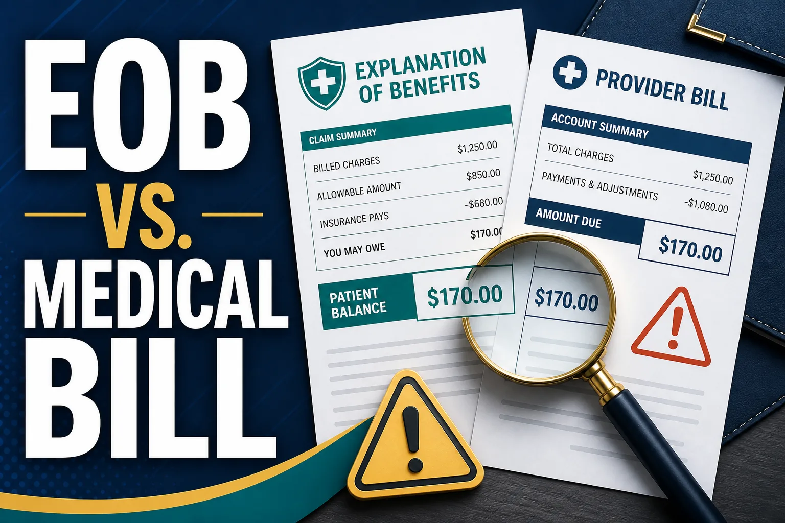 Explanation of Benefits compared with a medical bill before payment