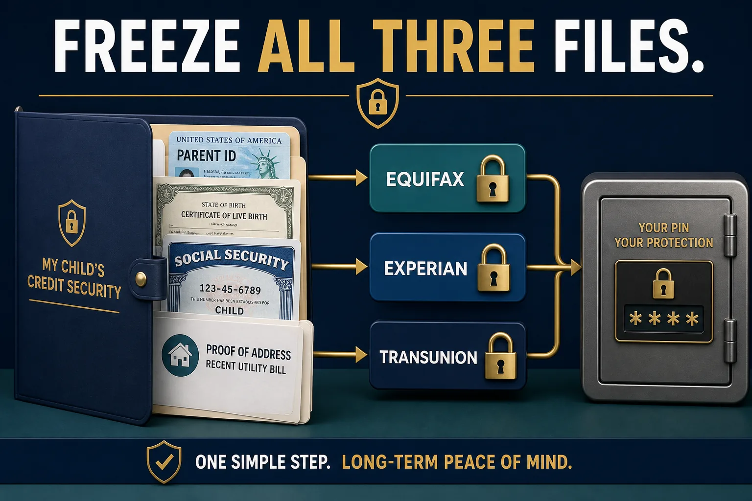 Child credit freeze document package moving securely to Equifax, Experian and TransUnion