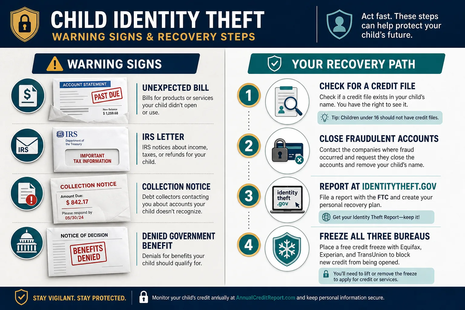 Warning signs and recovery steps for suspected child identity theft