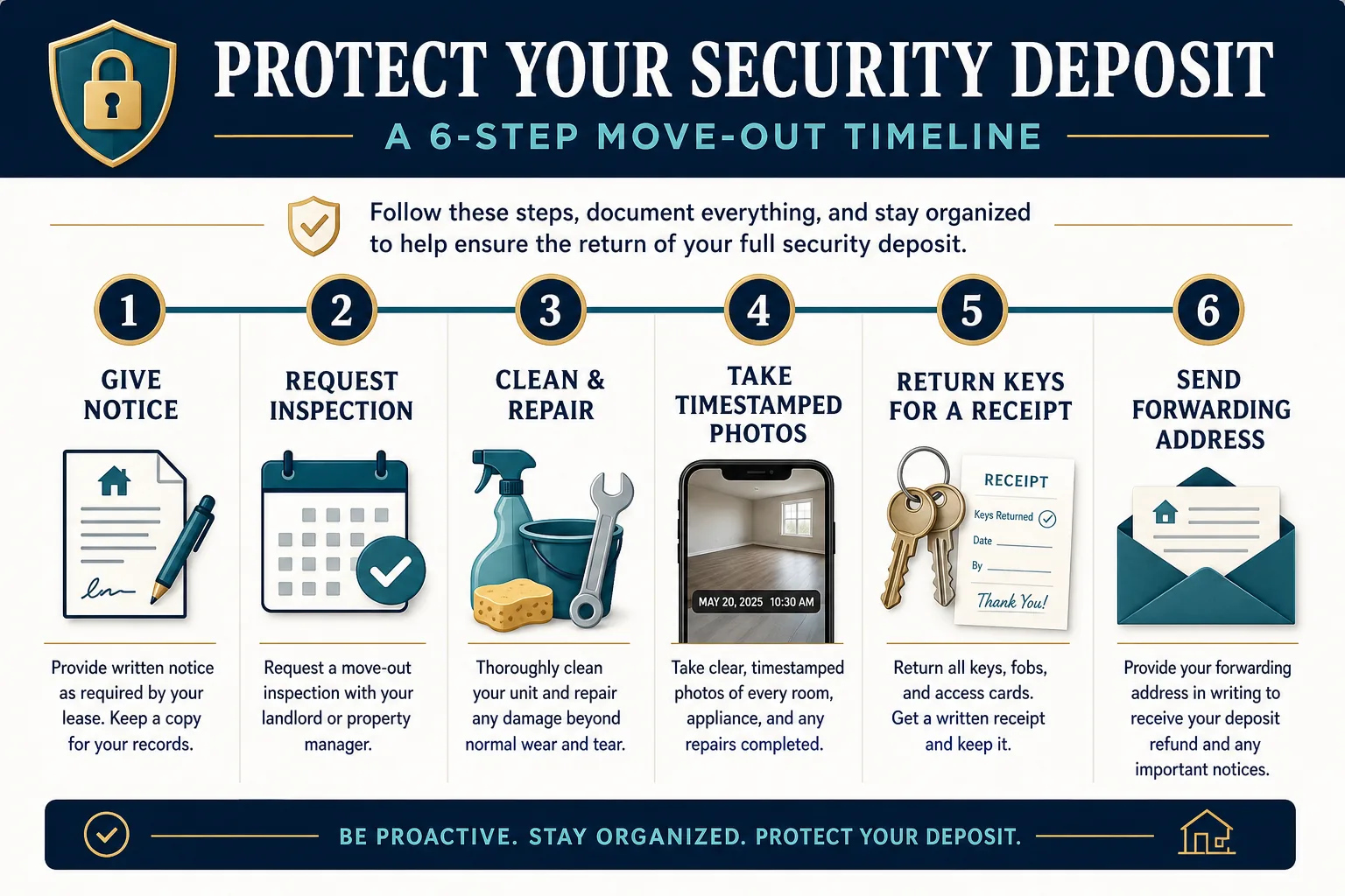 Move-out timeline covering notice inspection cleaning timestamped photos key receipt and forwarding address