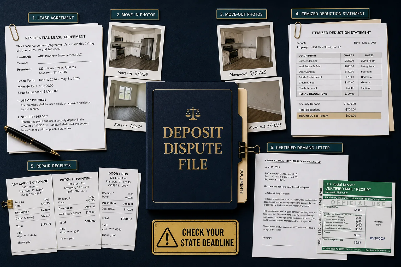 Security-deposit dispute file with lease before-and-after photos itemized deductions receipts and demand letter