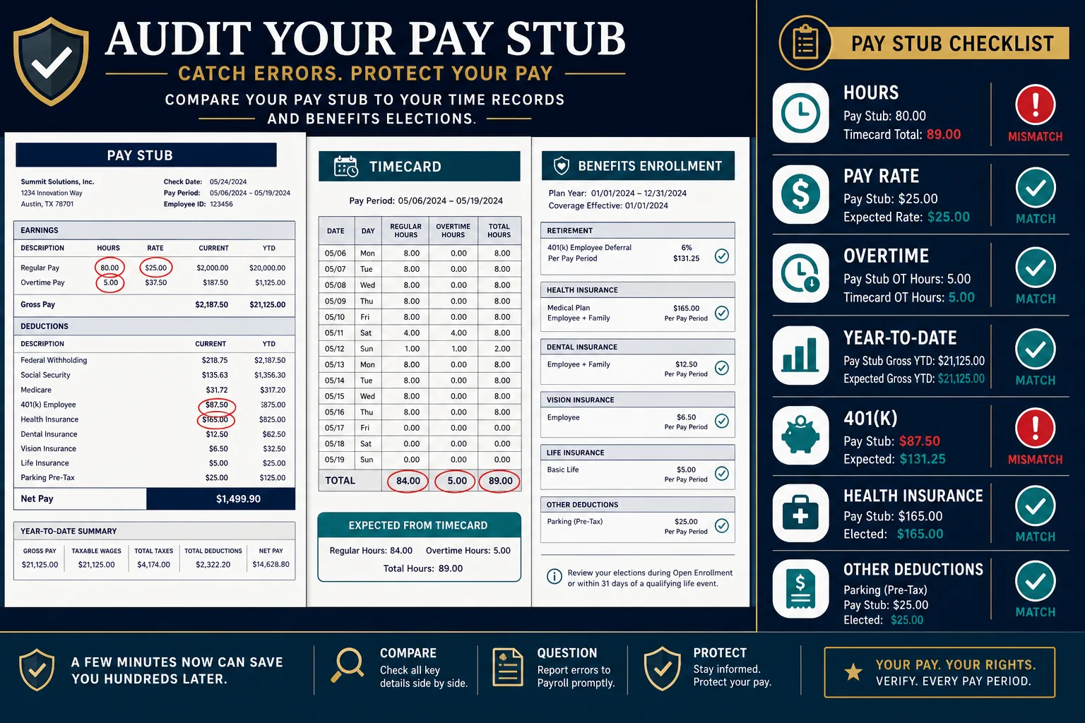 Pay-stub audit comparing hours rate overtime year-to-date totals and benefit elections