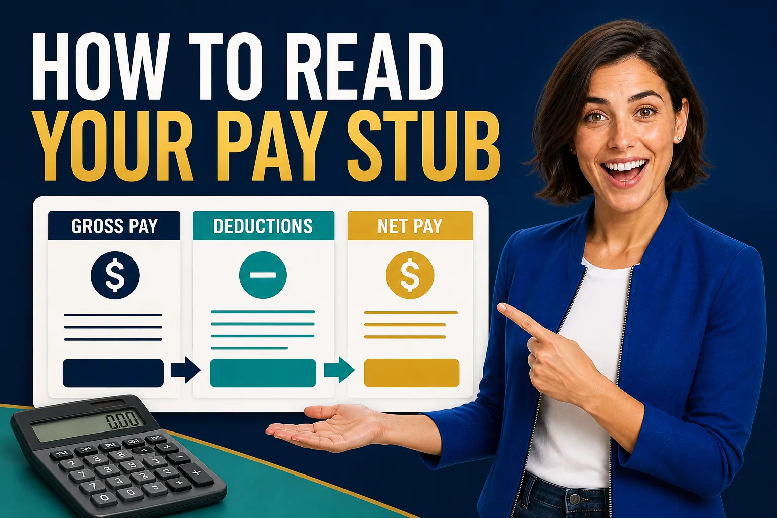 Maya presents how to read a pay stub from gross pay through deductions to net pay