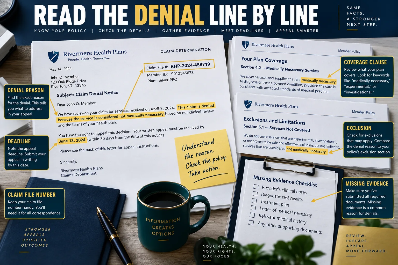 Insurance denial letter audit highlighting reason policy clause evidence gap and appeal deadline