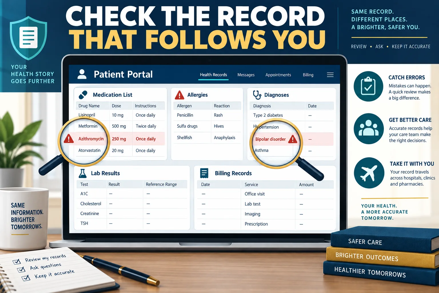 Patient record audit covering medications allergies diagnoses laboratory reports imaging and billing data