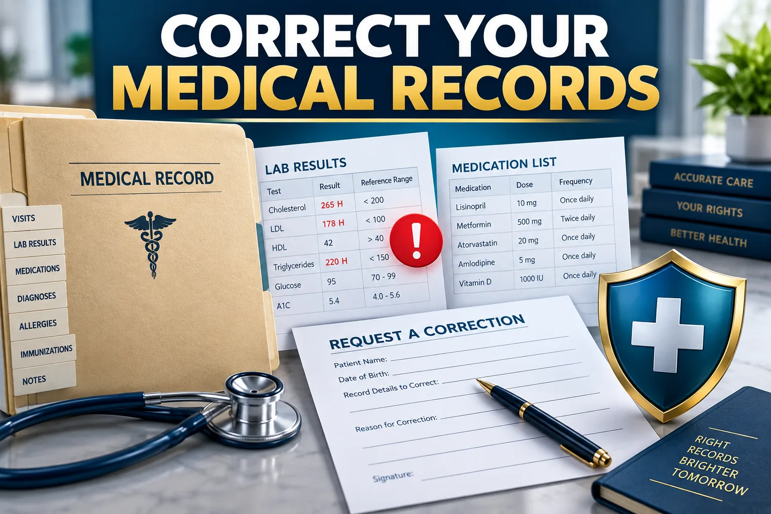 Medical record folder showing errors in medication diagnosis and laboratory information that need correction