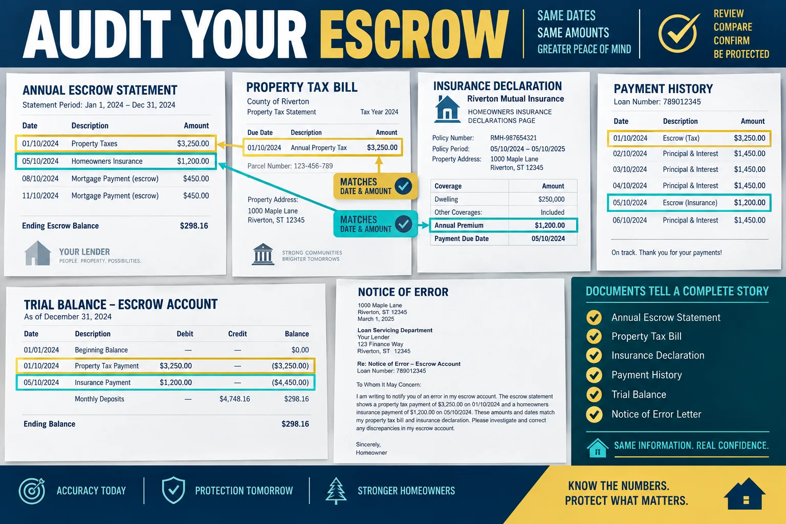 Escrow audit packet comparing annual statement tax bill insurance declaration and servicer trial balance
