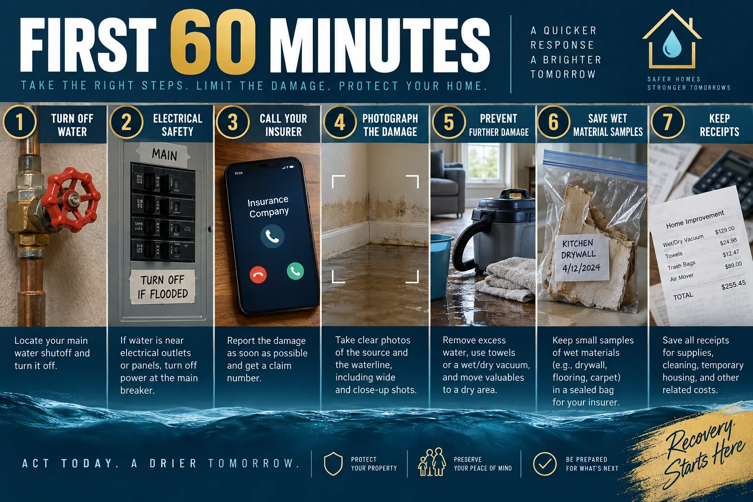 First-hour water damage timeline covering safety shutoff insurer notice photos mitigation samples and receipts