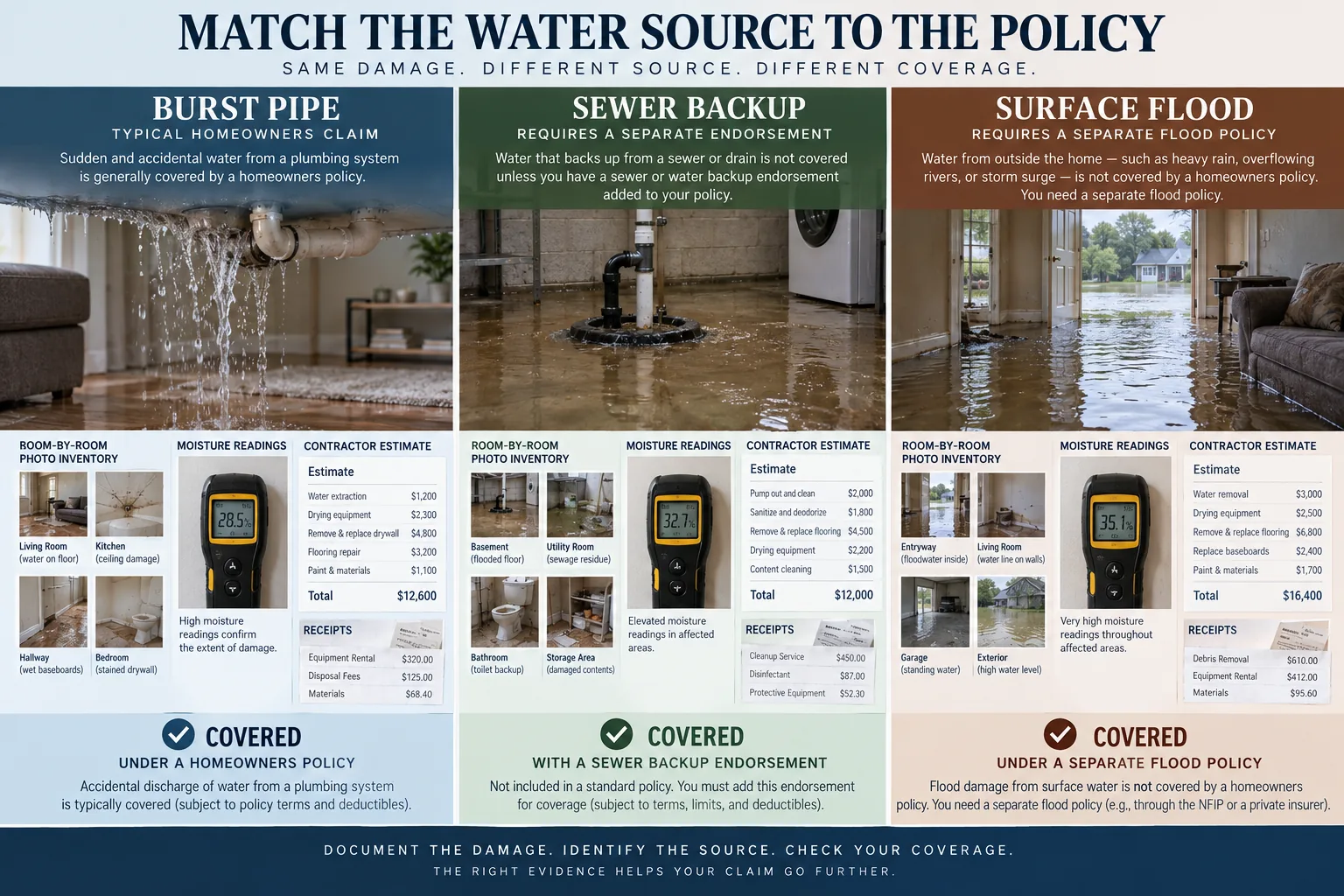 Comparison of burst pipe sewer backup and surface flood coverage with a room-by-room evidence file